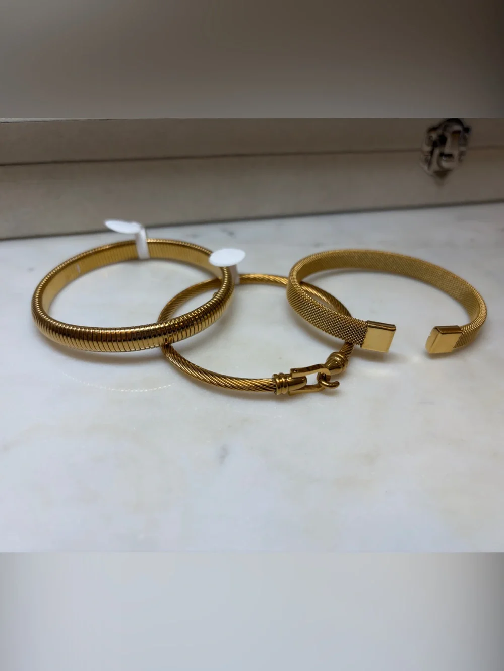 3pc Gold Bracelet Set Stretch Cable Adjustable Stainless Steel.